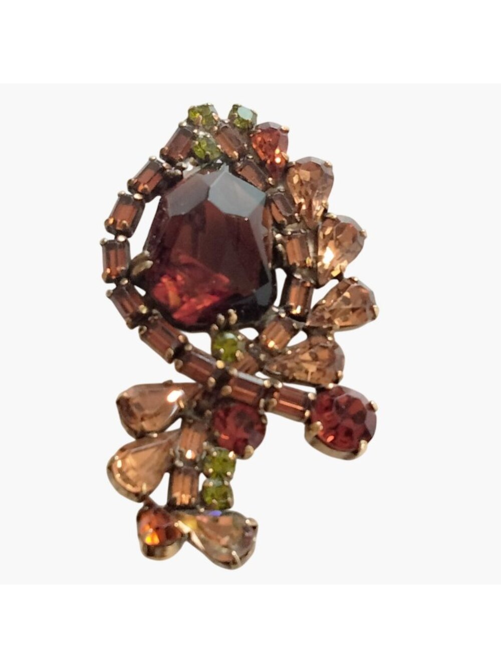 Vintage Rhinestone Brooch Faceted Amber Green Elegant Autumn Statement Pin
